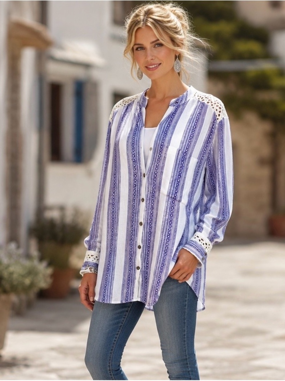 Lola P Purple Stripe Crochet Lace Back Boho Tunic Shirt Medium